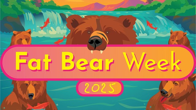 a colorful illustration of bears with salmon by a waterfall. Text reads: Fat Bear Week 2025.
