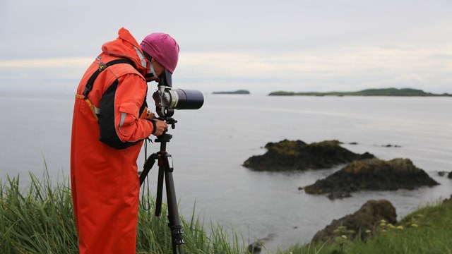 A scientist looks through a scope with the ocean in the background