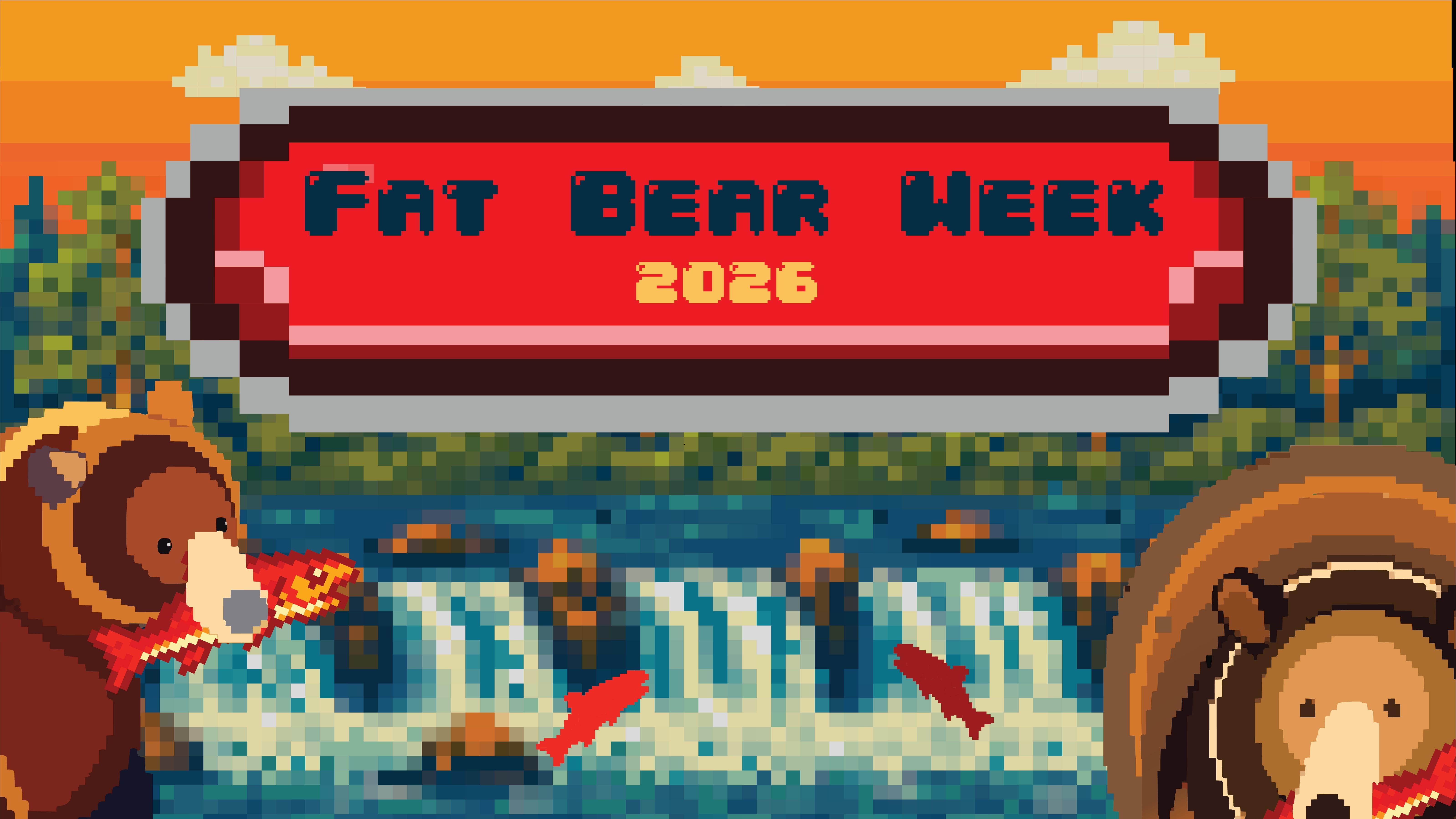 Pixelated bears by a waterfall eating salmon under a &ldquo;Fat Bear Week 2026&rdquo; banner.