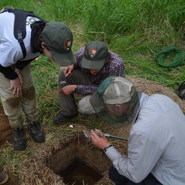 Three researchers examine a soil sample gathered from an excavated test pit.