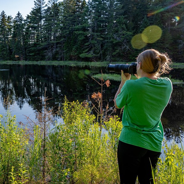 A woman stands at the edge of a wetland to take a photo of the view on a blue sky day.