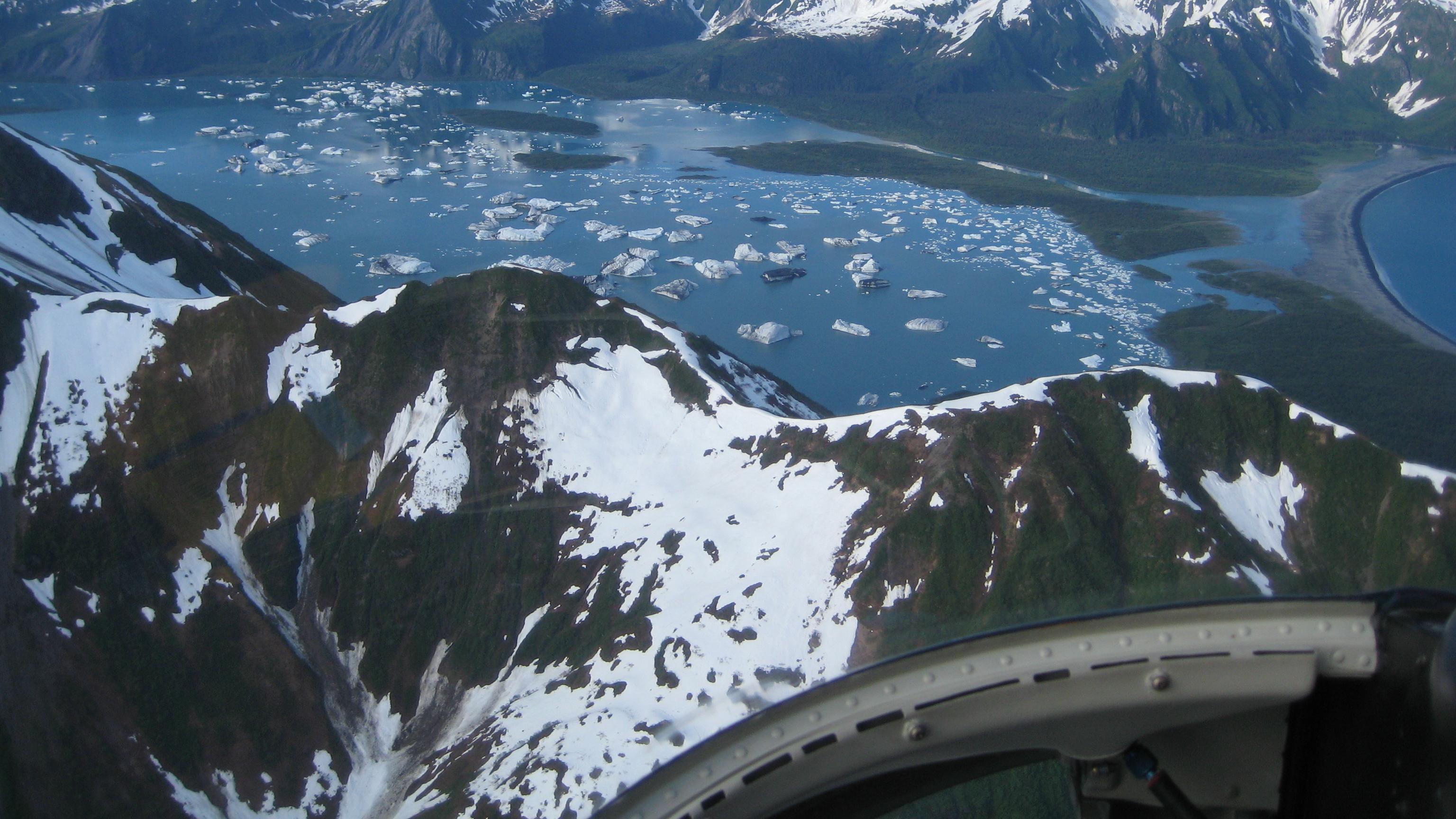 View from plane of iceberg filled lagoon