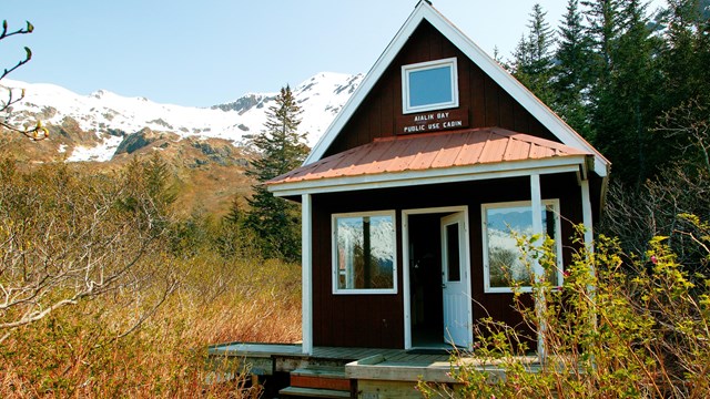 Cabin with forest and snow-covered mountains beyond