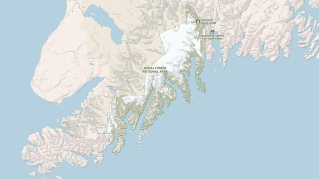 A map outlining Kenai Fjords National Park and visitor centers within the Kenai Peninsula