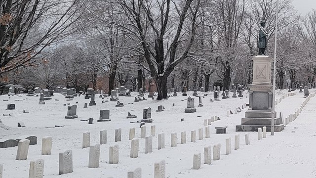 A snowy cemetery with gravestones stretched out in rows interspersed with bare, snowcovered trees.