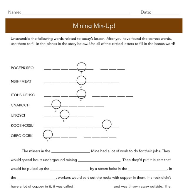 black text on white background. Mining terms are scrambled to be deciphered 