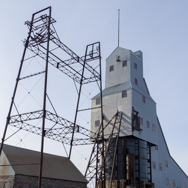 Image shows the Quincy Mine, links to article on Quincy Unit Cultural Landscapes