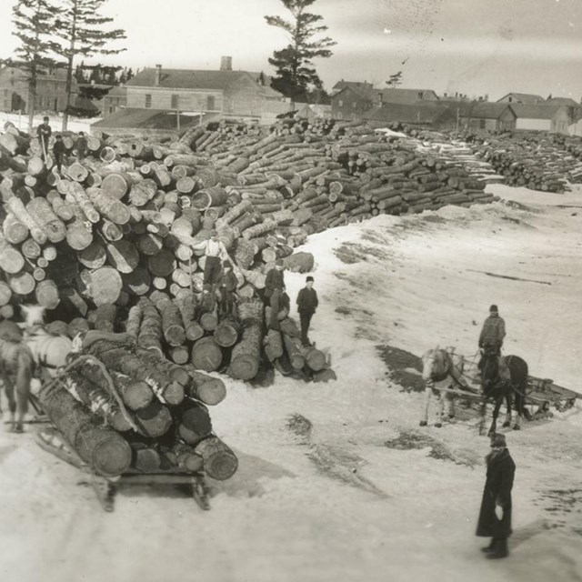In this black and white historic image, hundreds of logs sit on a frozen shore, with homes behind.