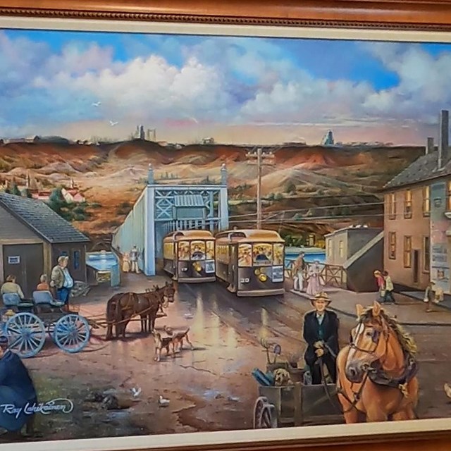 A colorful painting of a historic landscape scene from Houghton, MI