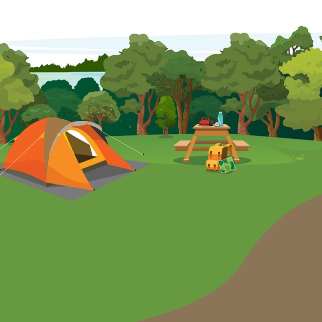 cartoon illustration of a tent and picnic table overlooking a forest and lake