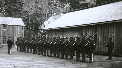 Lines of soldiers with guns on a wooden surface.