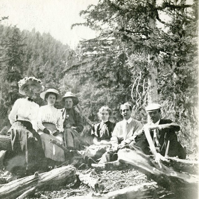 a group of people sitting outside on a trail
