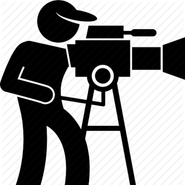 clip art image of person standing behind a video camera on a stand.