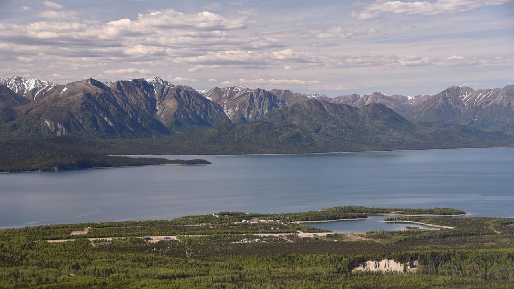 An aerial image of Port Alsworth on Lake Clark