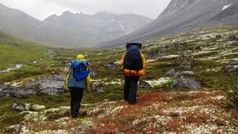 Two people with backpacks hike through mountainous tundra