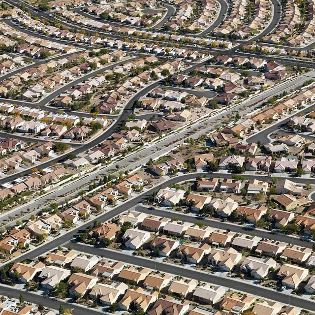 A Las Vegas redidential neighborhood that depends on the water stored in Lake Mead