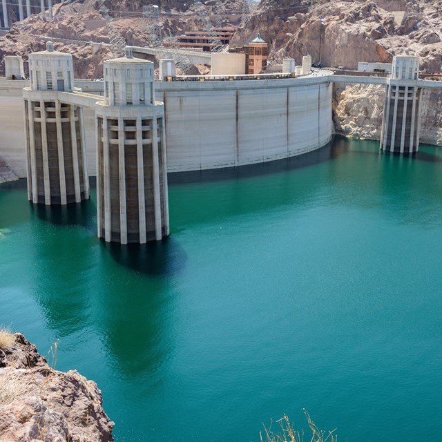 Hoover Dam from the water of Lake Mead.