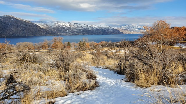 Snow covered trail is illuminated by sunlight and opens up to a lake front.