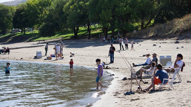 Multiple people sit in beach chairs with fishing poles propped up on the shoreline of a lake.