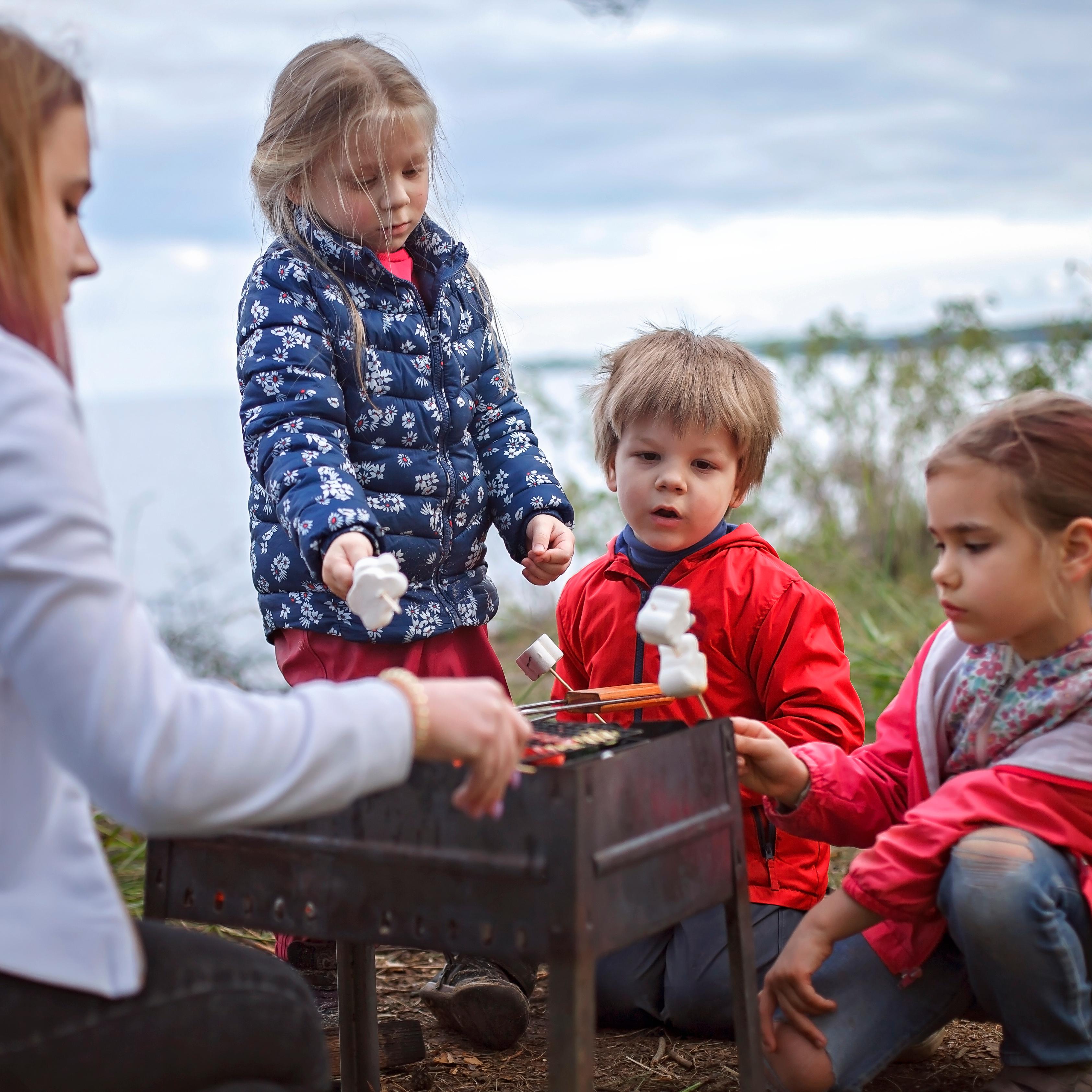 A family with kids roasting marshmallows on a campfire.
