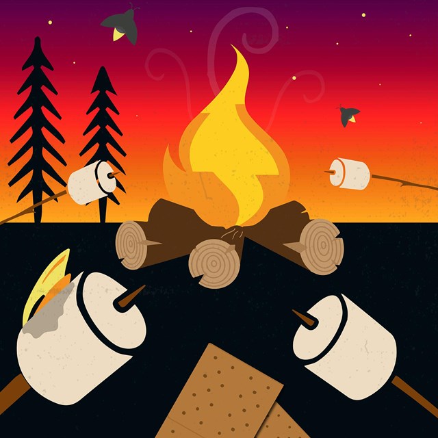 NPS graphic depicting marshmallows roasting over a fire and the words 