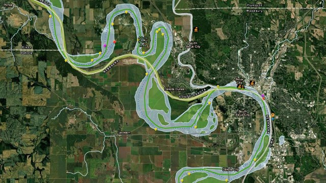 satellite view of river with detailed map overlays 