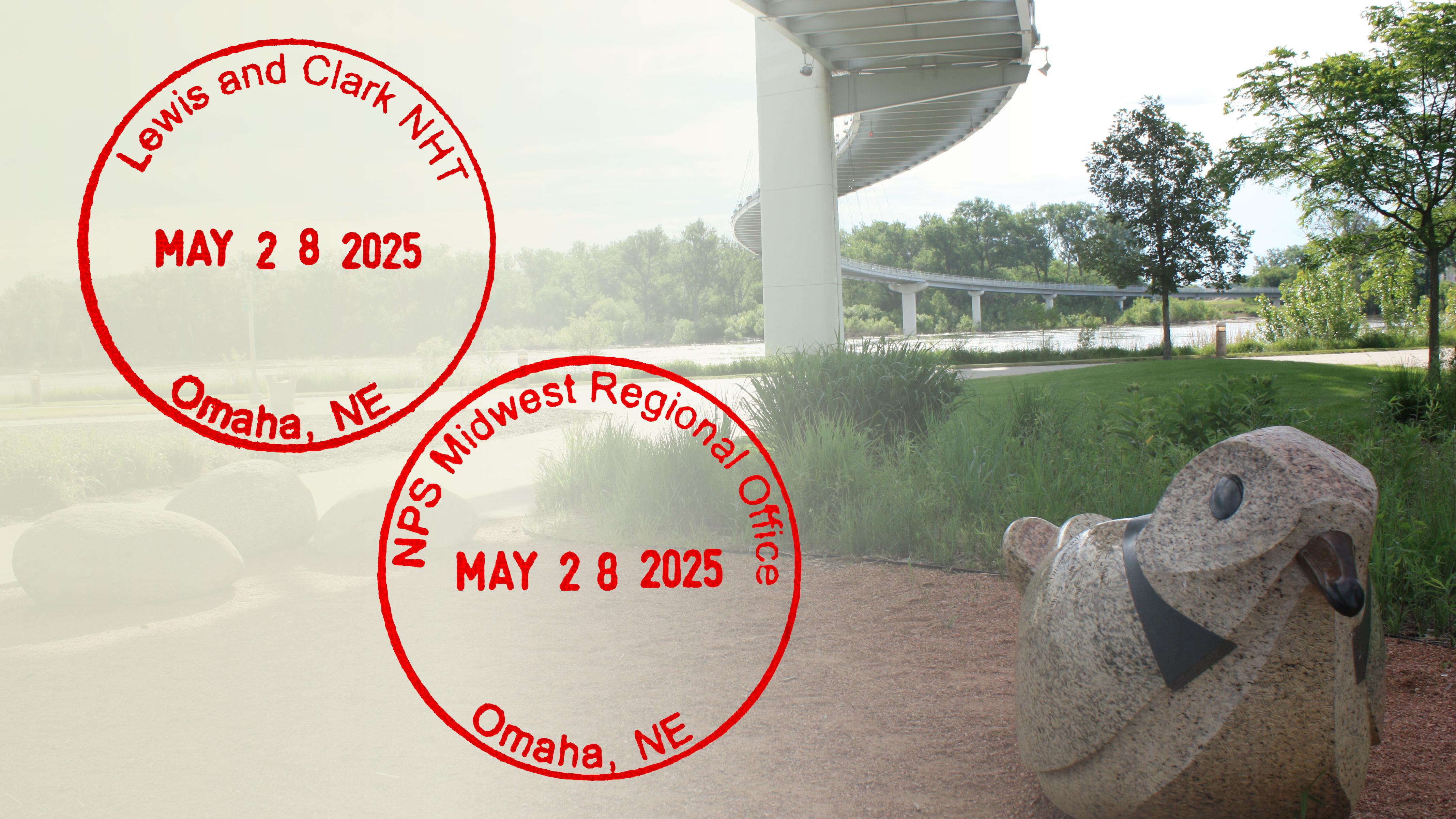Two red passport stamps over an image of a bridge, a river, and a statue of a bird