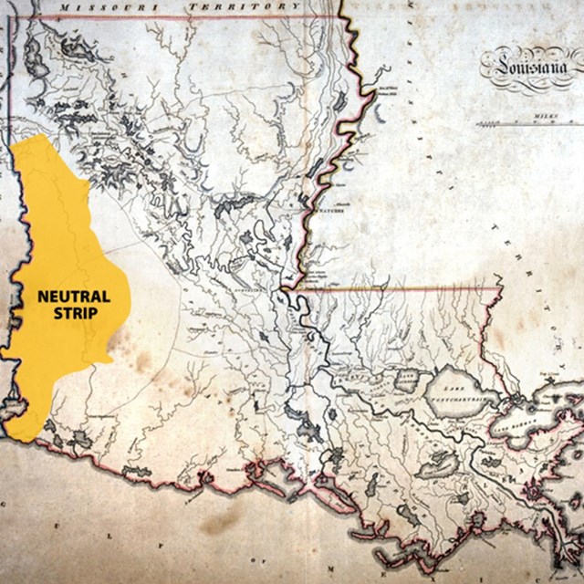 line drawn map of Louisiana showing the neutral strip shaded in yellow along the border with Texas