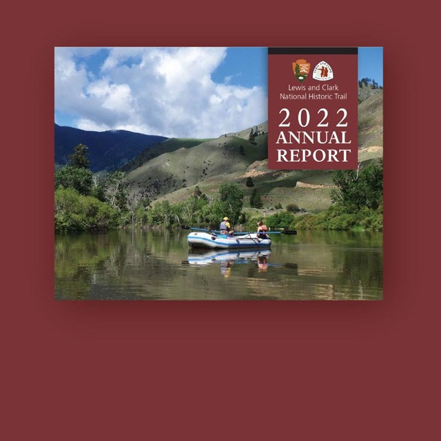 Cover of horizontal document, cover has large photo of people rafting. Annual Report 2022