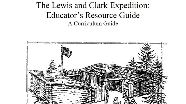 A black and white sketch of Fort Clatsop with the title of the guide above and partners below.