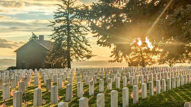 headstones in rows at sunrise with a historic house and tree behind