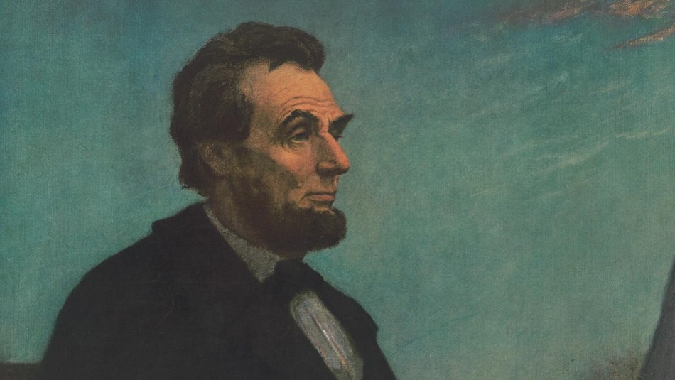 Color painting of bearded president Lincoln looking right into horizon