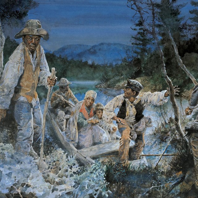 Painting of a group of slaves escaping during night on the river