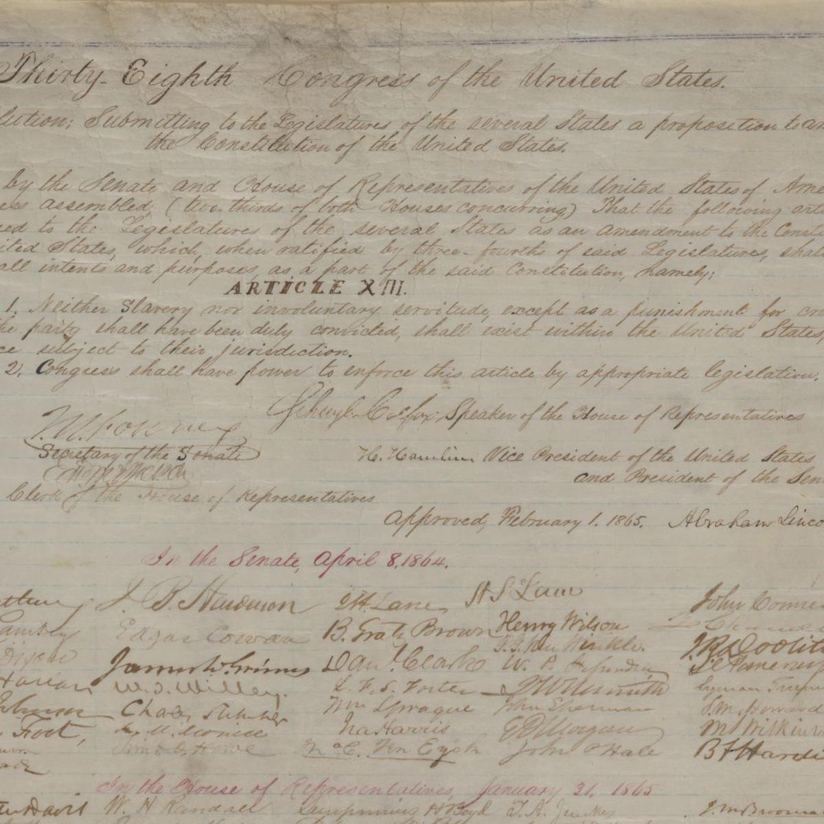 Handwritten Joint Resolution regarding the 13th Amendment with Lincoln's signature