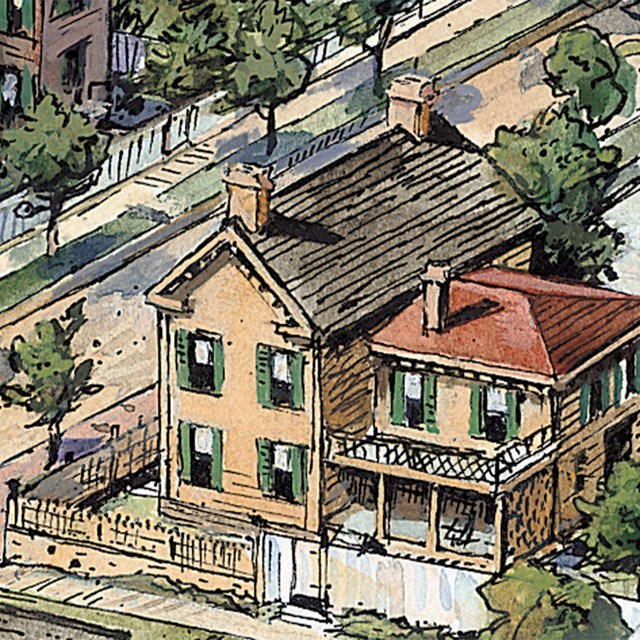 Painting of Lincoln Home from Aerial angled view, house is tan with green shutters