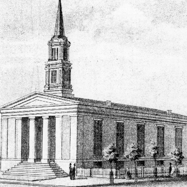 Engraving of a long church with pillars out front and a spire