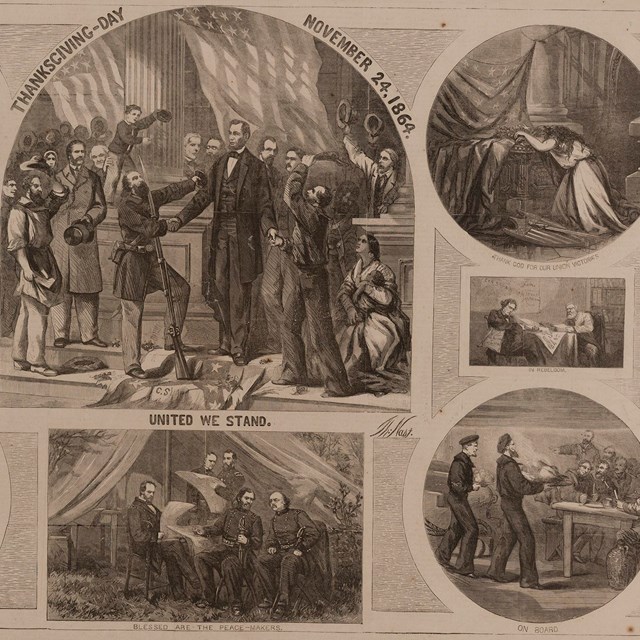 Print with Lincoln, images of the Civil War, Thanksgiving, and the fight against slavery