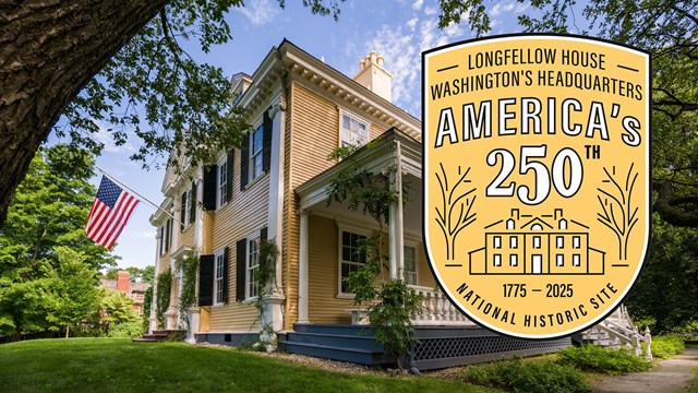 Yellow Georgian mansion with trees and American flag, with yellow logo for Longfellow America's 250