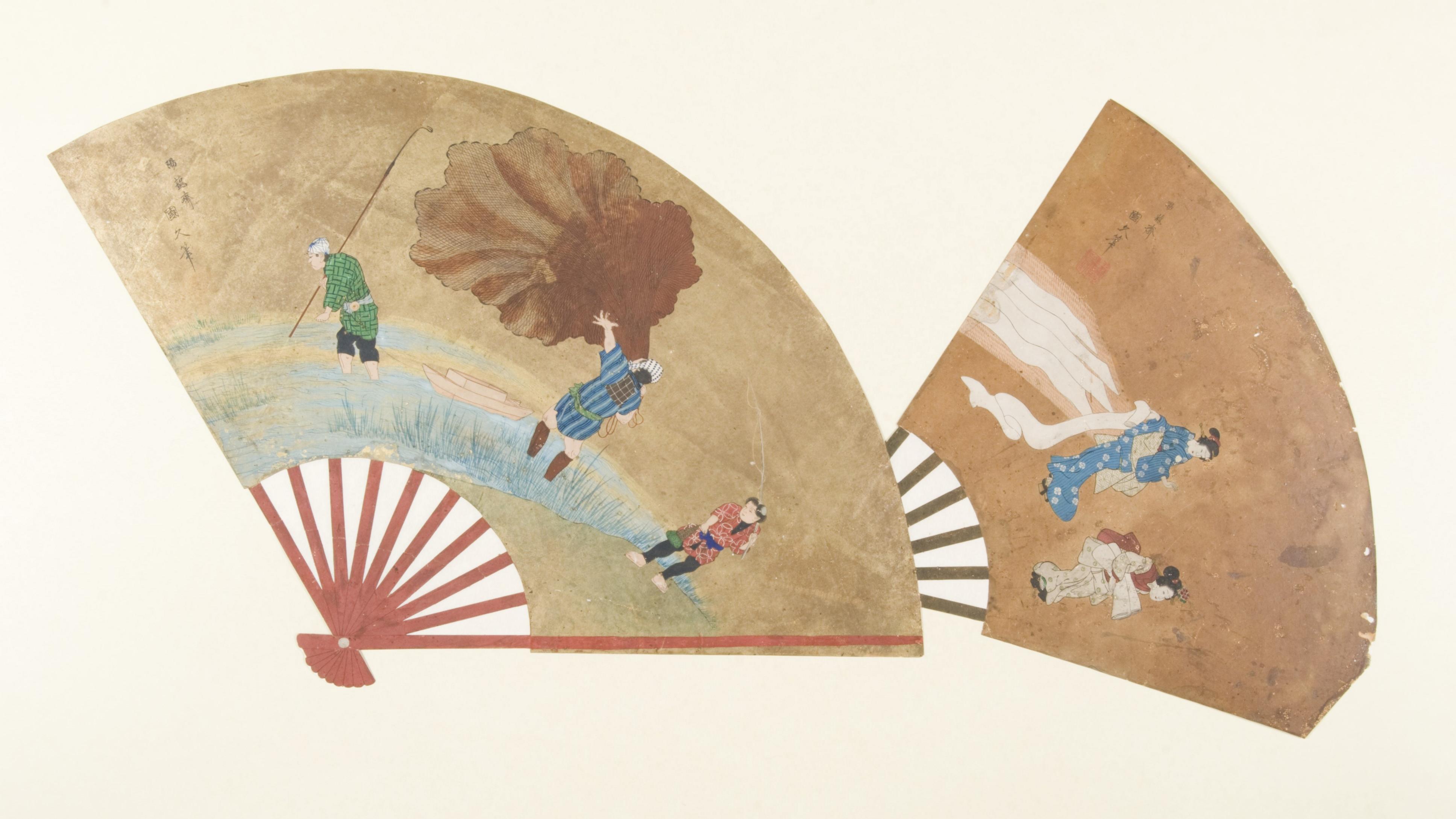 Two paintings in the shape of fans, each a landscape with figures in foreground