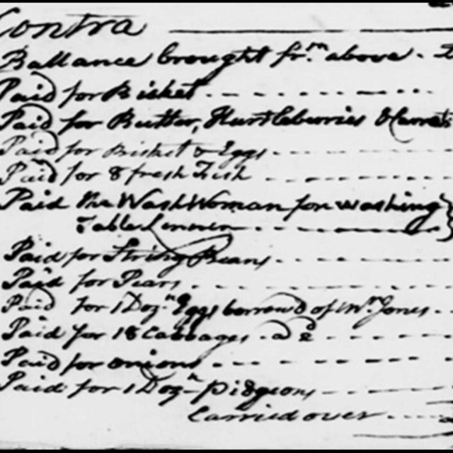 Section of ledger page listing expenses including brisket, eggs, washerwoman, and pigeons