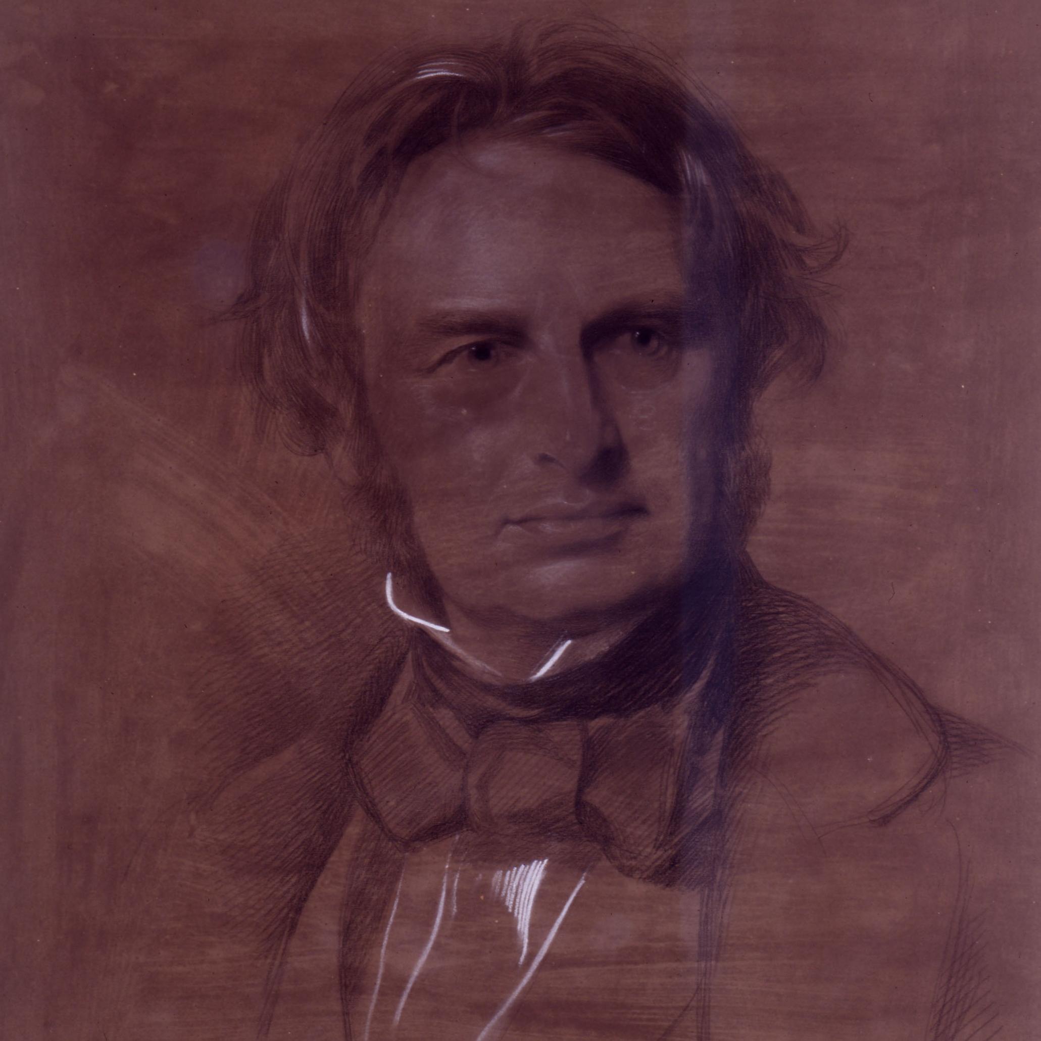 Charcoal and chalk drawing on dark paper of man wearing suit with white shirt collar