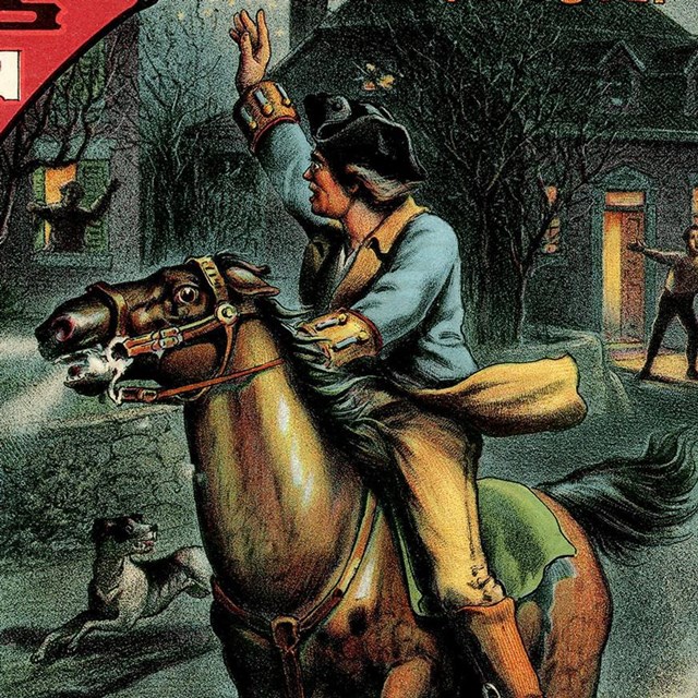 Sheet music with illustration of man riding a horse through colonial village