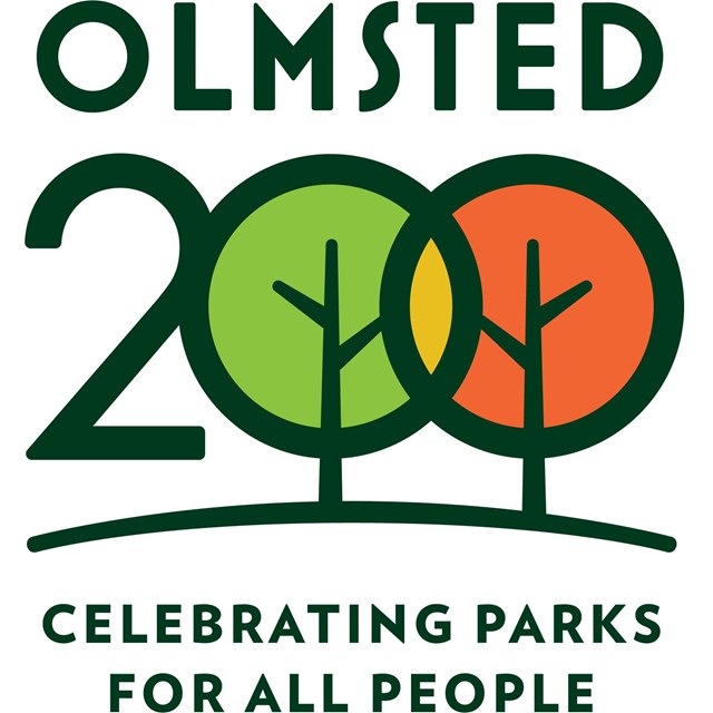 logo of 200 with 0s making trees on hill, tagline Olmsted 200 Celebrating Parks for All People