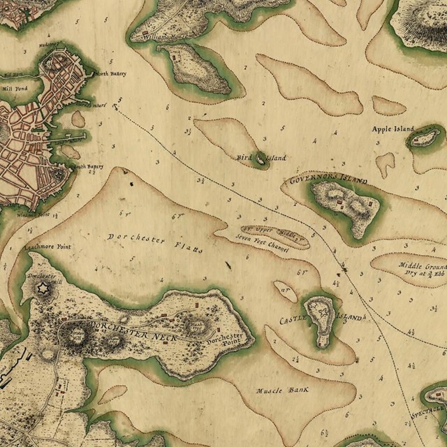 Historical map showing Boston Harbor and Dorchester Heights