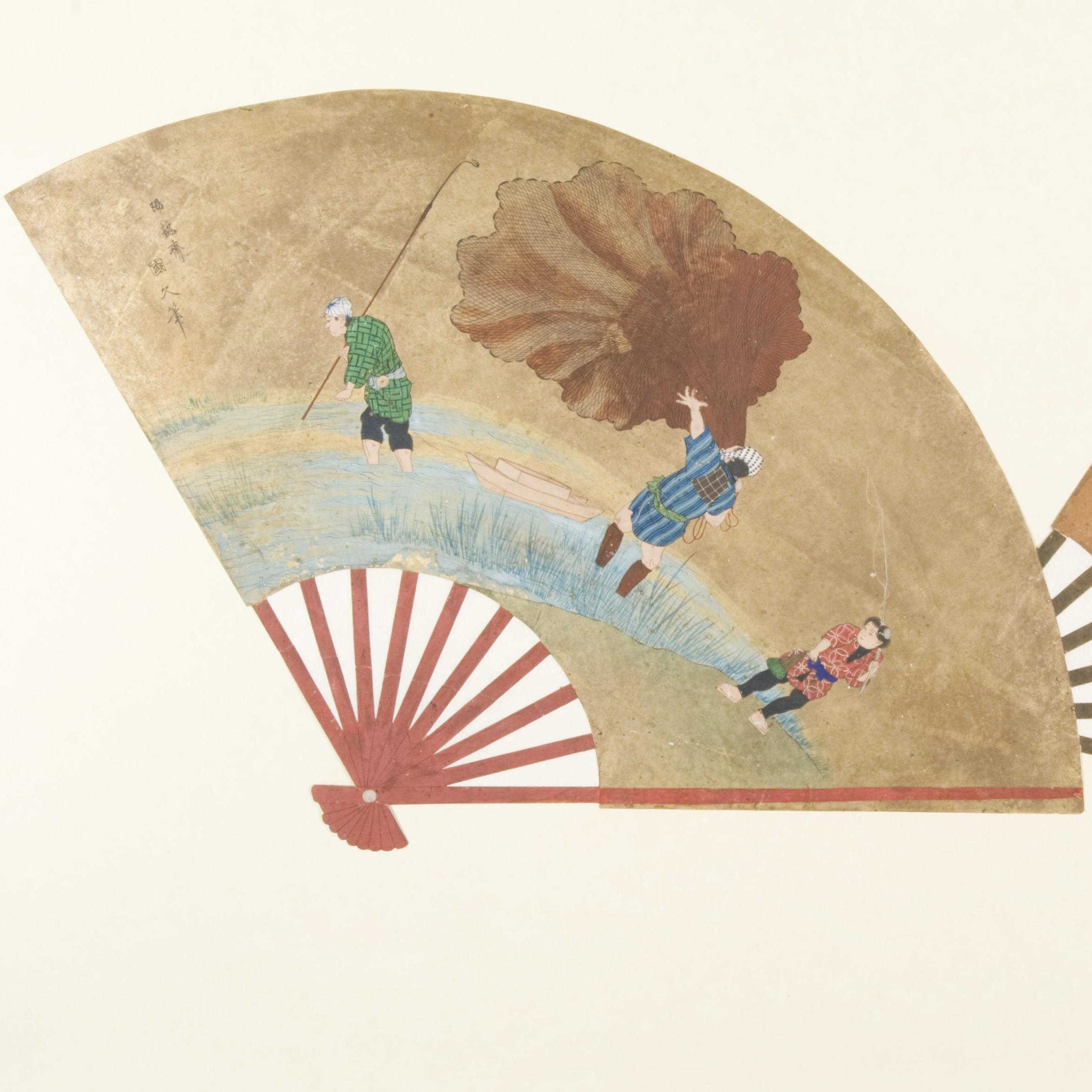 Two paintings in the shape of fans, each a landscape with figures in foreground