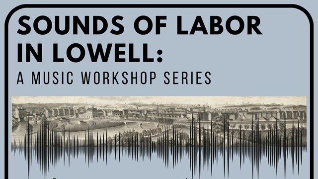 A historic drawing of Lowell with sound waves and music notes around.