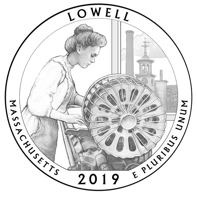 A quarter with an image of a mill girl working at a loom on it, with the Boott Clocktower in back