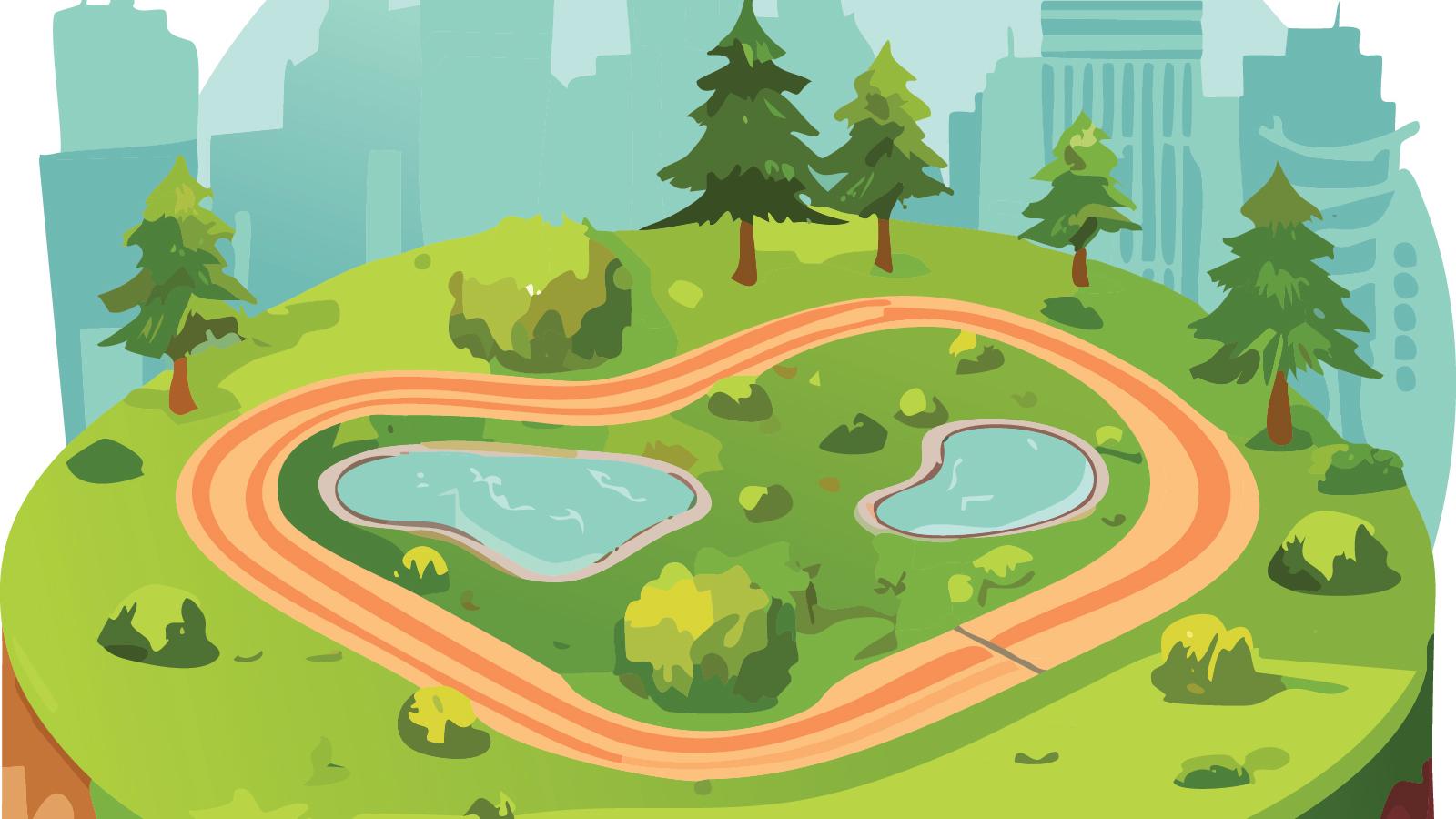 A cartoon of a miniature park landscape including paths & ponds with a cityscape in the background