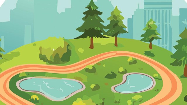 A cartoon of a miniature park landscape including paths & ponds with a cityscape in the background