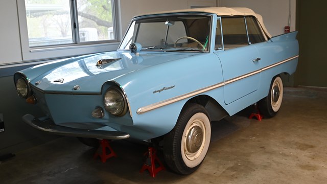 Blue car that could drive on land and in the water